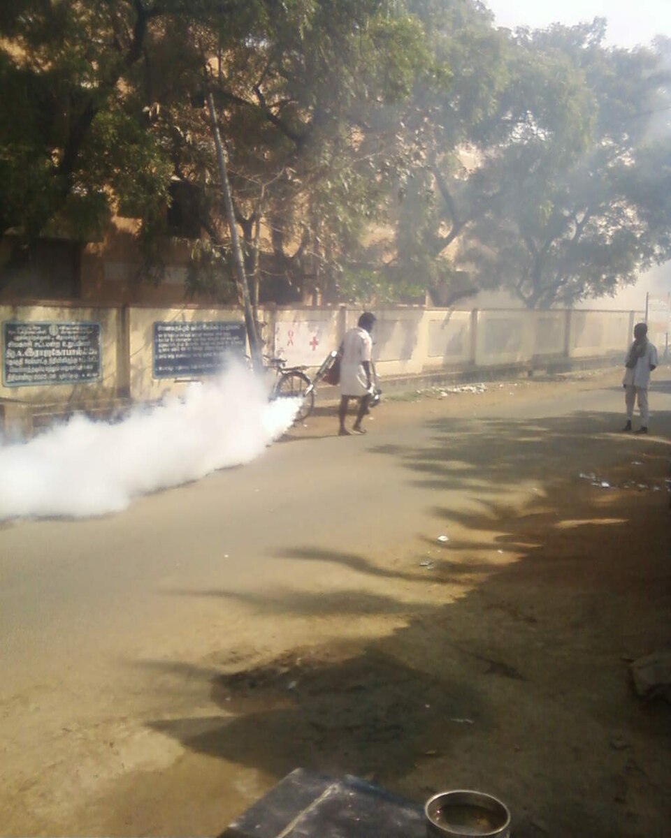 Technician fogging outdoor area for mosquito control